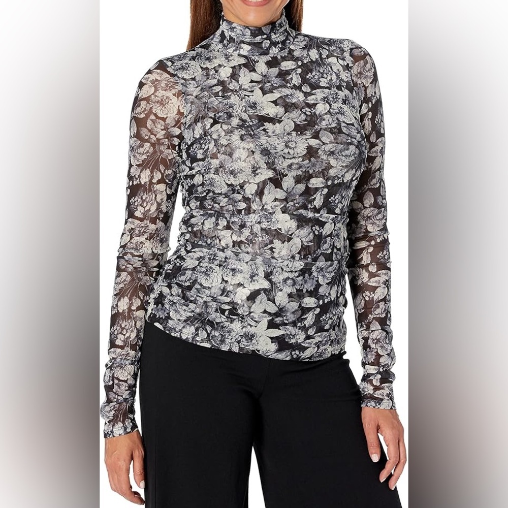Cinq a' Sept Photo Real Shirred Mesh Turtleneck in Slate Multi - Size Large